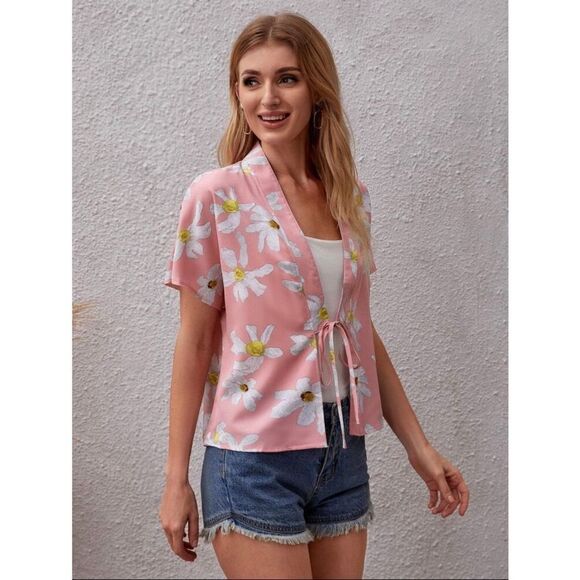 Emery Rose - Pink & White Floral Print Kimono, Tie Front sz XL - Picture 3 of 9